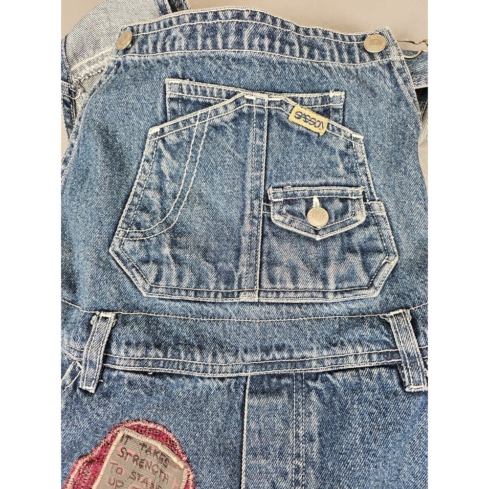 Vintage Sasson Denim Overalls Women's Medium Blue Custom Patches Cropped BOHO - Picture 3 of 13